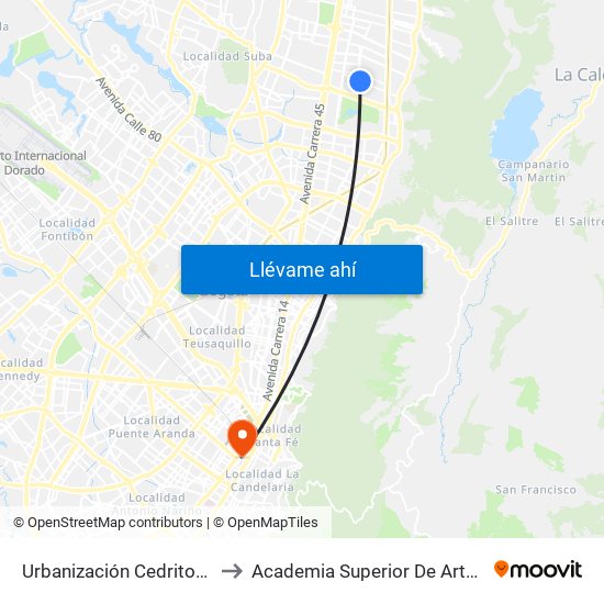 Urbanización Cedritos (Cl 140 - Kr 13) to Academia Superior De Artes De Bogota - Asab map
