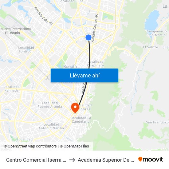 Centro Comercial Iserra 100 (Ac 100 - Kr 54) (A) to Academia Superior De Artes De Bogota - Asab map
