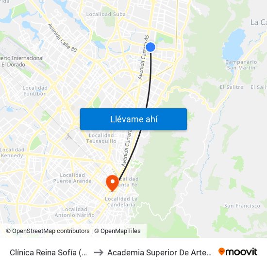 Clínica Reina Sofía (Ac 127 - Kr 20) to Academia Superior De Artes De Bogota - Asab map