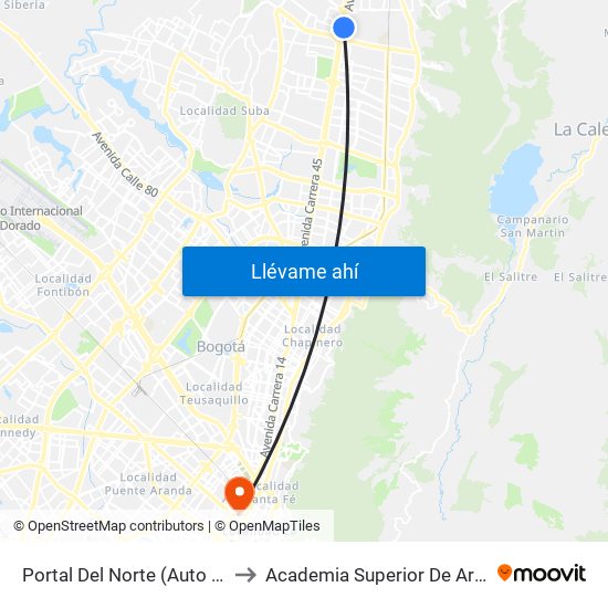 Portal Del Norte (Auto Norte - Cl 172a) (A) to Academia Superior De Artes De Bogota - Asab map