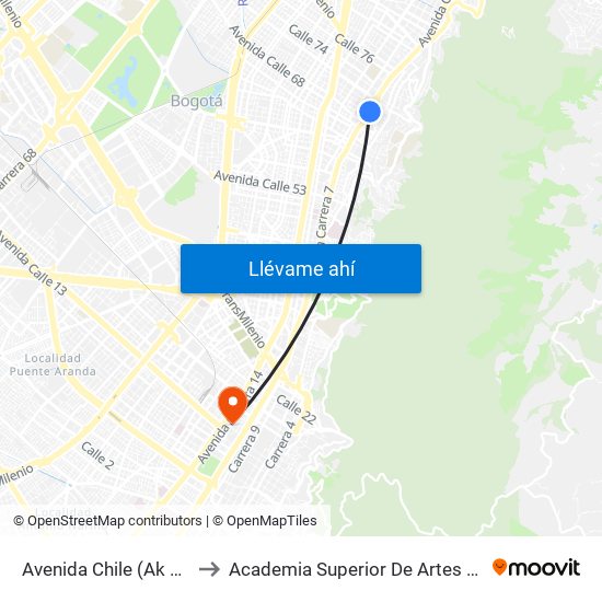 Avenida Chile (Ak 7 - Cl 71) (A) to Academia Superior De Artes De Bogota - Asab map