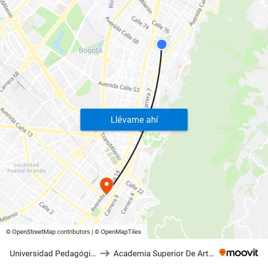 Universidad Pedagógica (Ac 72 - Kr 10) to Academia Superior De Artes De Bogota - Asab map