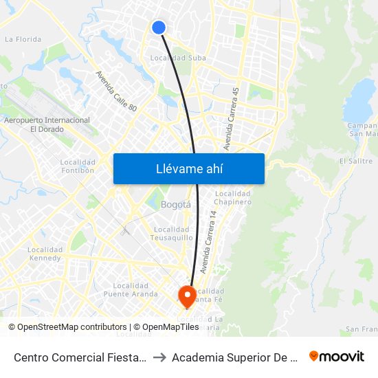 Centro Comercial Fiesta Suba (Kr 101 - Cl 147) to Academia Superior De Artes De Bogota - Asab map