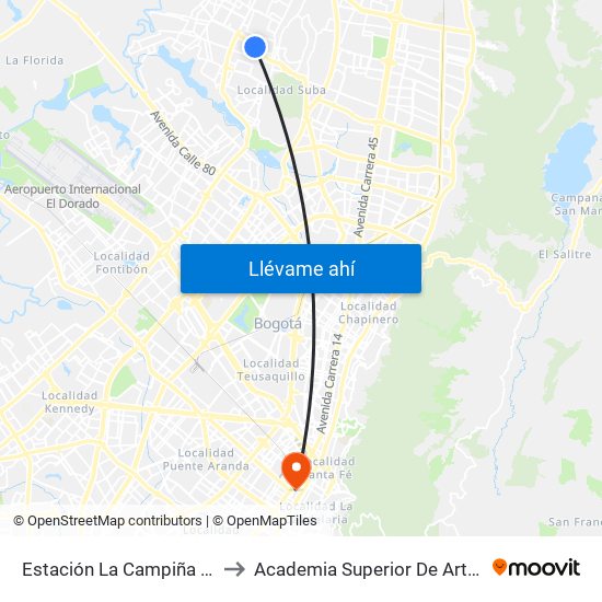 Estación La Campiña (Av. Suba - Kr 99) to Academia Superior De Artes De Bogota - Asab map