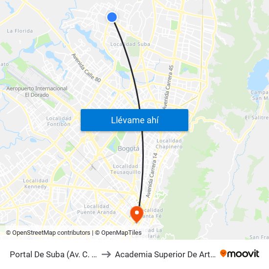 Portal De Suba (Av. C. De Cali - Av. Suba) to Academia Superior De Artes De Bogota - Asab map