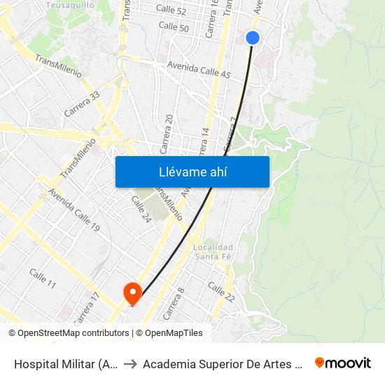 Hospital Militar (Ak 7 - Cl 50) to Academia Superior De Artes De Bogota - Asab map