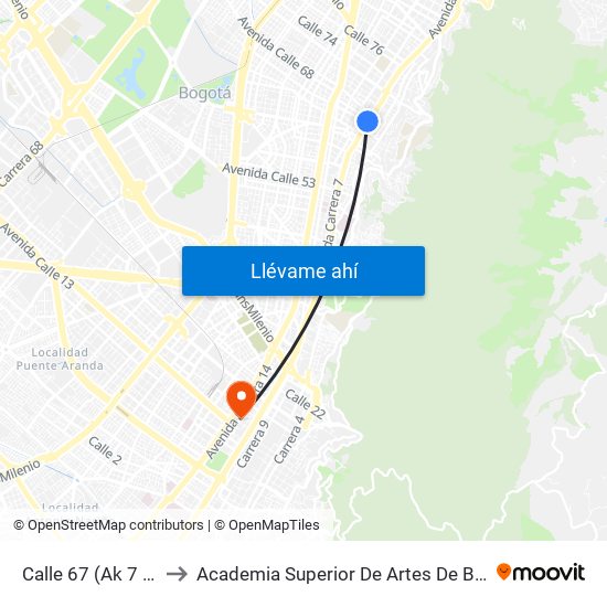 Calle 67 (Ak 7 - Cl 66) to Academia Superior De Artes De Bogota - Asab map