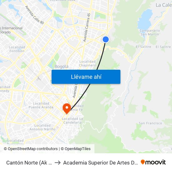 Cantón Norte (Ak 7 - Cl 106) to Academia Superior De Artes De Bogota - Asab map