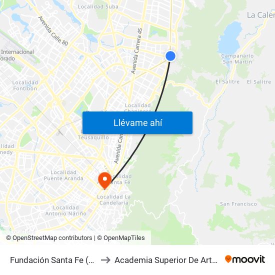 Fundación Santa Fe (Ak 7 - Cl 118) (A) to Academia Superior De Artes De Bogota - Asab map