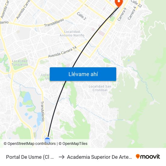 Portal De Usme (Cl 67d Sur - Kr 11) to Academia Superior De Artes De Bogota - Asab map