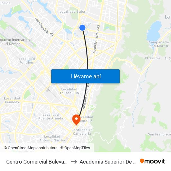 Centro Comercial Bulevar Niza (Ac 127 - Av. Suba) to Academia Superior De Artes De Bogota - Asab map