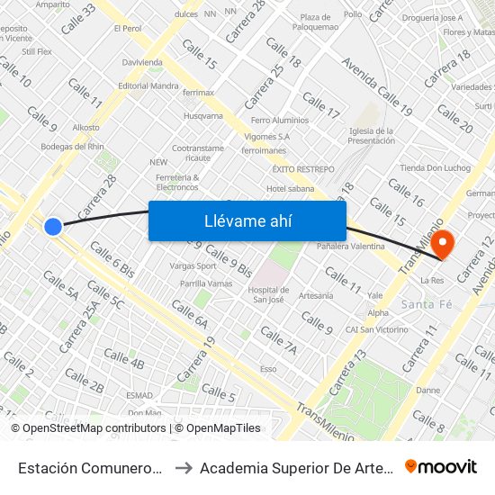 Estación Comuneros (Ac 6 - Ak 30) to Academia Superior De Artes De Bogota - Asab map