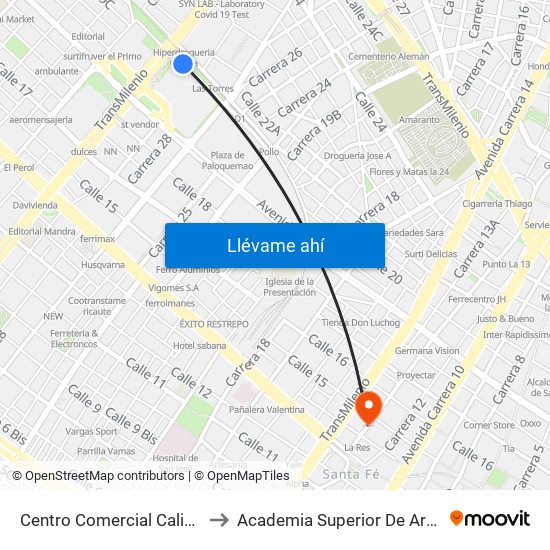 Centro Comercial Calima (Ac 22 - Kr 29a) to Academia Superior De Artes De Bogota - Asab map