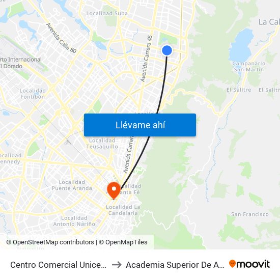 Centro Comercial Unicentro (Ac 127 - Kr 14a) to Academia Superior De Artes De Bogota - Asab map
