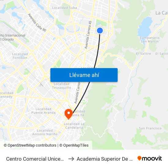 Centro Comercial Unicentro (Ak 15 - Cl 124) (B) to Academia Superior De Artes De Bogota - Asab map