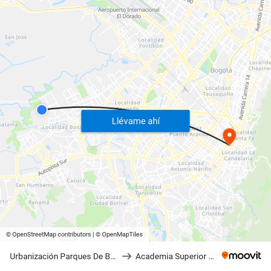 Urbanización Parques De Bogotá - Caoba (Kr 95a - Cl 76 Sur) to Academia Superior De Artes De Bogota - Asab map