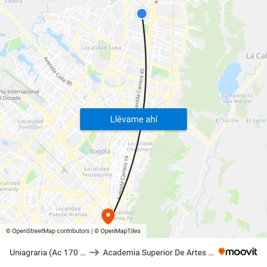 Uniagraria (Ac 170 - Kr 54a) (B) to Academia Superior De Artes De Bogota - Asab map