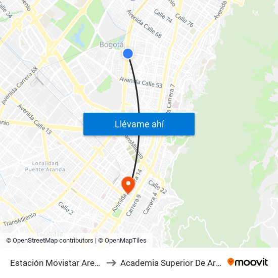 Estación Movistar Arena (Av. NQS - Cl 62) to Academia Superior De Artes De Bogota - Asab map