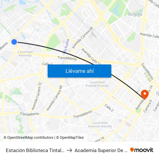 Estación Biblioteca Tintal (Av. Américas - Kr 82) (A) to Academia Superior De Artes De Bogota - Asab map