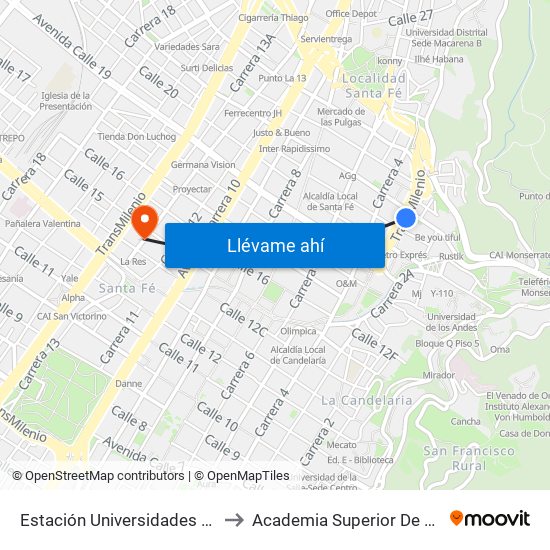 Estación Universidades (Kr 3 - Cl 21) (A) to Academia Superior De Artes De Bogota - Asab map