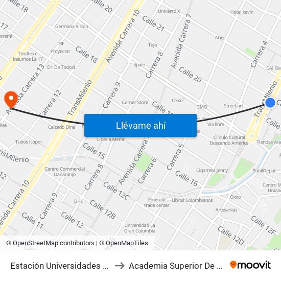 Estación Universidades (Kr 3 - Cl 20) (B) to Academia Superior De Artes De Bogota - Asab map