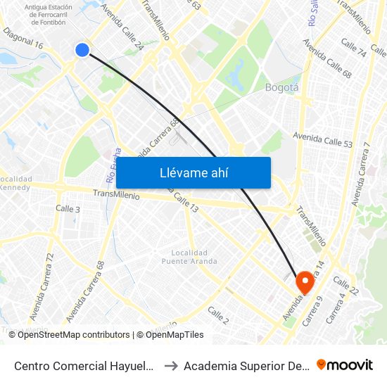 Centro Comercial Hayuelos (Av. C. De Cali - Cl 20) (A) to Academia Superior De Artes De Bogota - Asab map