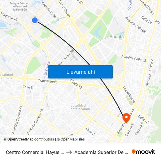 Centro Comercial Hayuelos (Av. C. De Cali - Cl 20) to Academia Superior De Artes De Bogota - Asab map