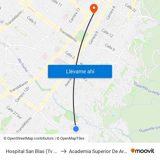 Hospital San Blas (Tv 2b Este - Cl 17 Sur) to Academia Superior De Artes De Bogota - Asab map