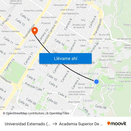 Universidad Externado (Av. Circunvalar - Cl 12) to Academia Superior De Artes De Bogota - Asab map