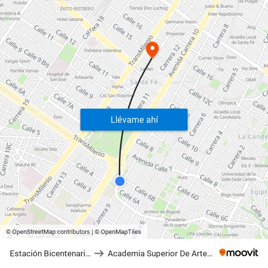 Estación Bicentenario (Kr 9 - Cl 6a) to Academia Superior De Artes De Bogota - Asab map