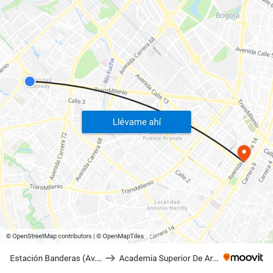 Estación Banderas (Av. Américas - Kr 79b) to Academia Superior De Artes De Bogota - Asab map