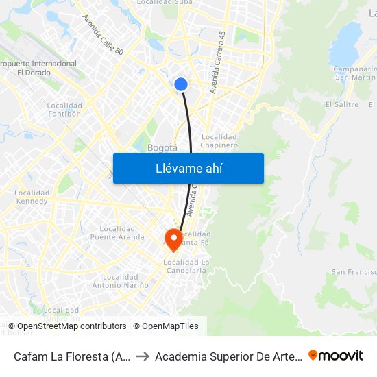 Cafam La Floresta (Ak 68 - Cl 98) (A) to Academia Superior De Artes De Bogota - Asab map