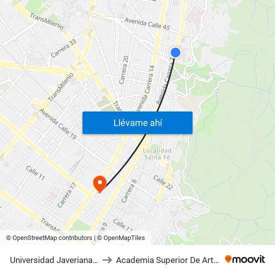 Universidad Javeriana (Ak 7 - Cl 40) (B) to Academia Superior De Artes De Bogota - Asab map
