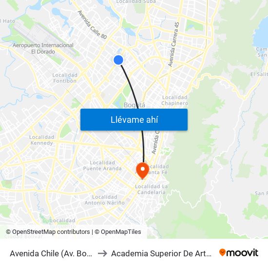 Avenida Chile (Av. Boyacá - Ac 72) (B) to Academia Superior De Artes De Bogota - Asab map