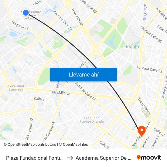 Plaza Fundacional Fontibón (Kr 99 - Cl 18a) (A) to Academia Superior De Artes De Bogota - Asab map