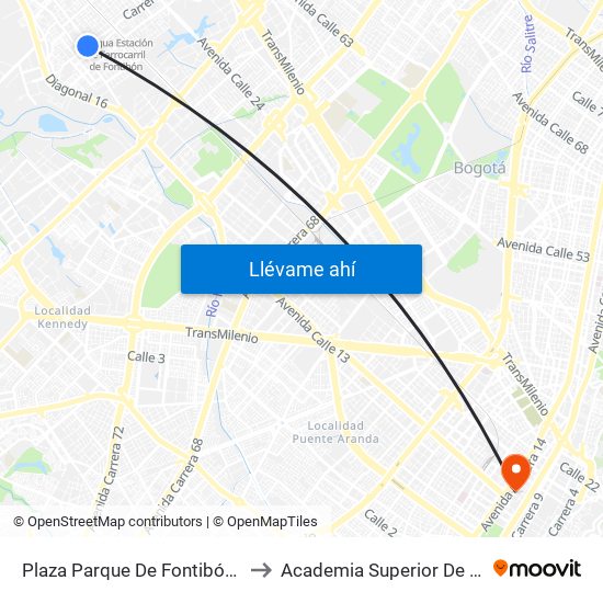 Plaza Parque De Fontibón Kr 100 (Kr 100 - Cl 17a) to Academia Superior De Artes De Bogota - Asab map