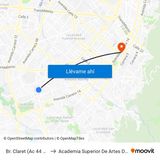 Br. Claret (Ac 44 Sur - Kr 26) to Academia Superior De Artes De Bogota - Asab map