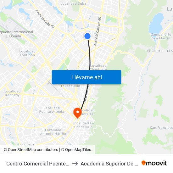 Centro Comercial Puente Largo (Av. Suba - Cl 106) to Academia Superior De Artes De Bogota - Asab map