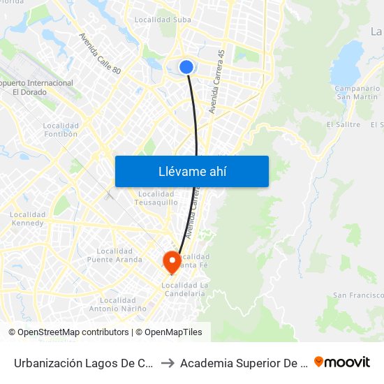 Urbanización Lagos De Córdoba (Av. Suba - Cl 120) to Academia Superior De Artes De Bogota - Asab map