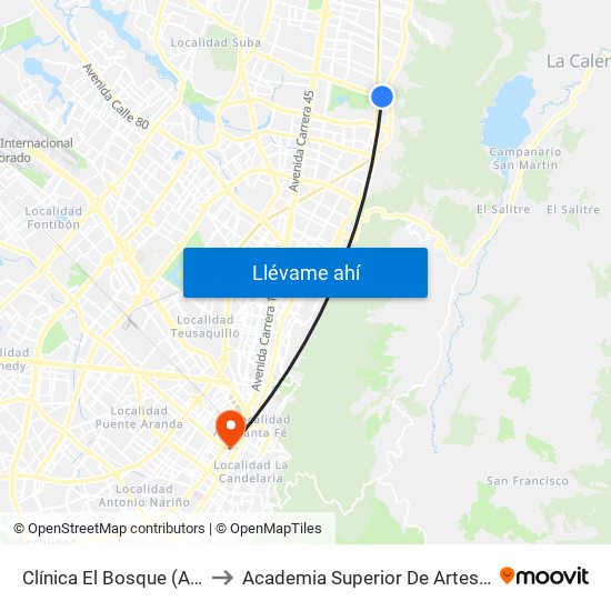 Clínica El Bosque (Ac 134 - Kr 7a) to Academia Superior De Artes De Bogota - Asab map