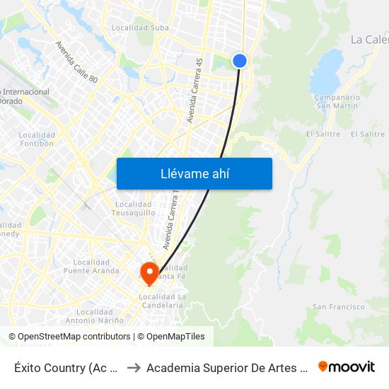 Éxito Country (Ac 134 - Kr 9b) to Academia Superior De Artes De Bogota - Asab map