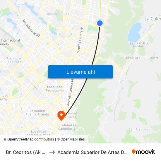 Br. Cedritos (Ak 9 - Cl 140) to Academia Superior De Artes De Bogota - Asab map