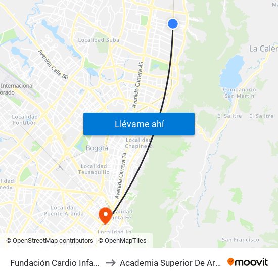 Fundación Cardio Infantil (Ak 9 - Cl 163a) to Academia Superior De Artes De Bogota - Asab map