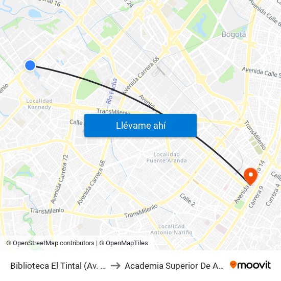 Biblioteca El Tintal (Av. C. De Cali - Cl 6d) (A) to Academia Superior De Artes De Bogota - Asab map