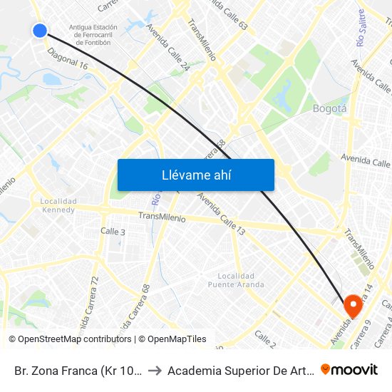 Br. Zona Franca (Kr 106 - Av. Centenario) to Academia Superior De Artes De Bogota - Asab map