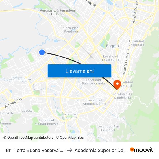 Br. Tierra Buena Reserva De Ipanema (Kr 93d - Cl 0) to Academia Superior De Artes De Bogota - Asab map