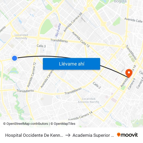 Hospital Occidente De Kennedy (Av. 1 De Mayo - Cl 40b Sur) (B) to Academia Superior De Artes De Bogota - Asab map