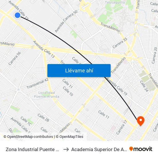 Zona Industrial Puente Aranda (Kr 65b - Cl 14) to Academia Superior De Artes De Bogota - Asab map