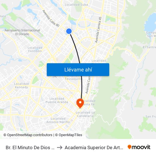 Br. El Minuto De Dios (Ac 80 - Kr 73b) to Academia Superior De Artes De Bogota - Asab map