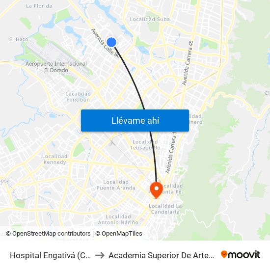 Hospital Engativá (Cl 82 - Kr 100a) to Academia Superior De Artes De Bogota - Asab map